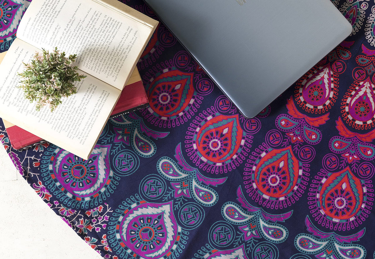 Round Tapestry with Tassel Wall Hanging Ombre Hippie Mandala Bohemian Hippy Intricate Indian Tapestries Tablecloth 70 Inches (Blue Multicolor / 70"L x 70"W)