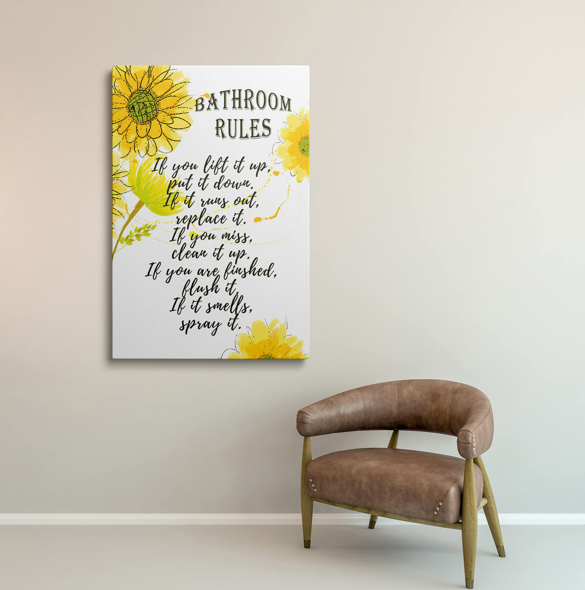 Framed Bathroom Rules Canvas Wall Art Yellow Floral Bath Decor 16x24 Inches (Bathroom Rules / 24"L x 16"W)