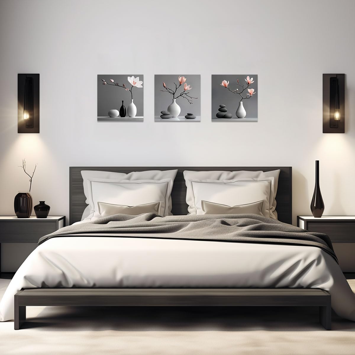 3 Piece Zen Wall Art Zen Flowers Pictures Black And White Grey Artwork Magnolia Stone Canvas Prints Bathroom Spa Decor Framed (Pink / 20"x20"x3 Pieces)