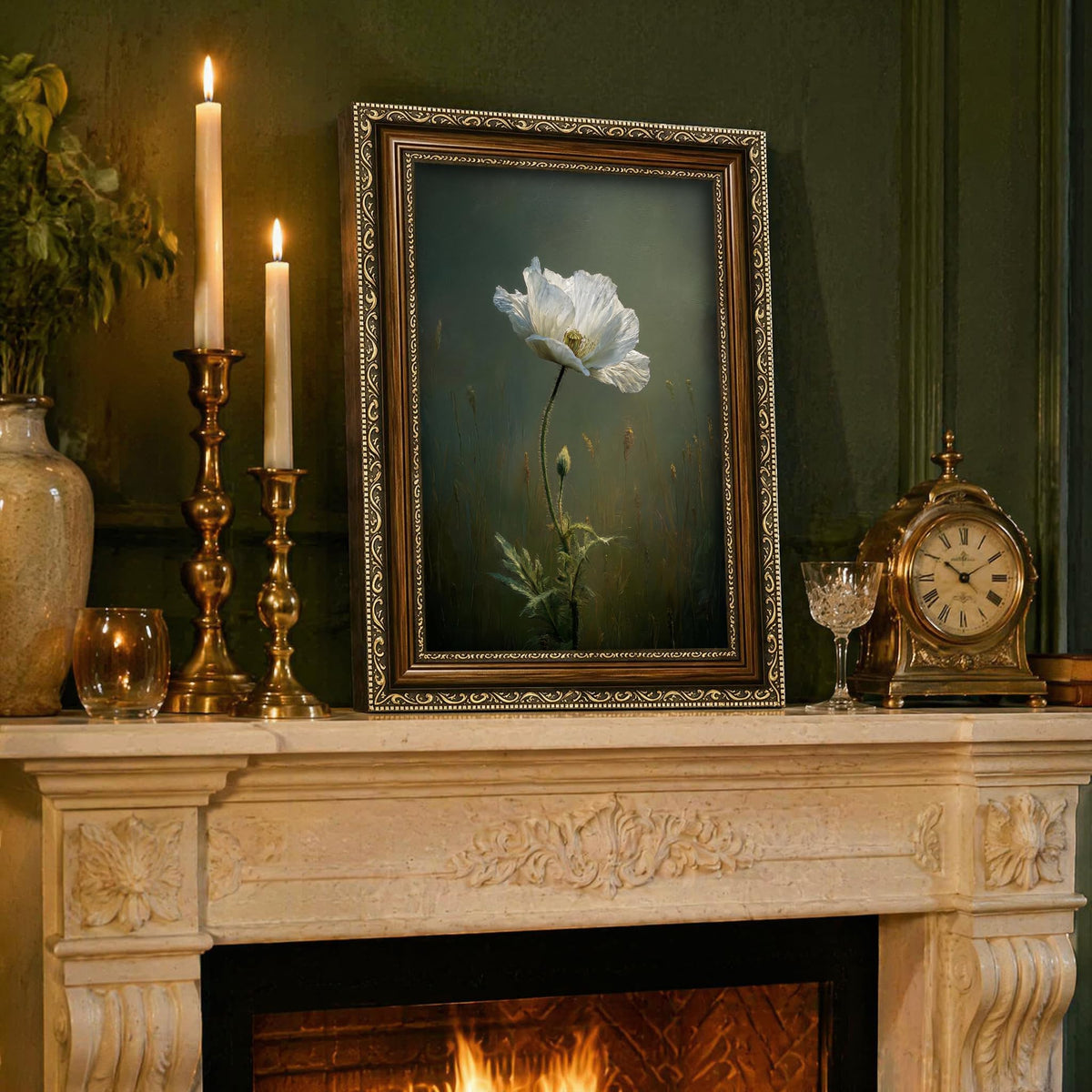 Vintage Poppy Flower Framed Wall Art White Floral Wall Decor (White poppy / 16"L x 12"W)