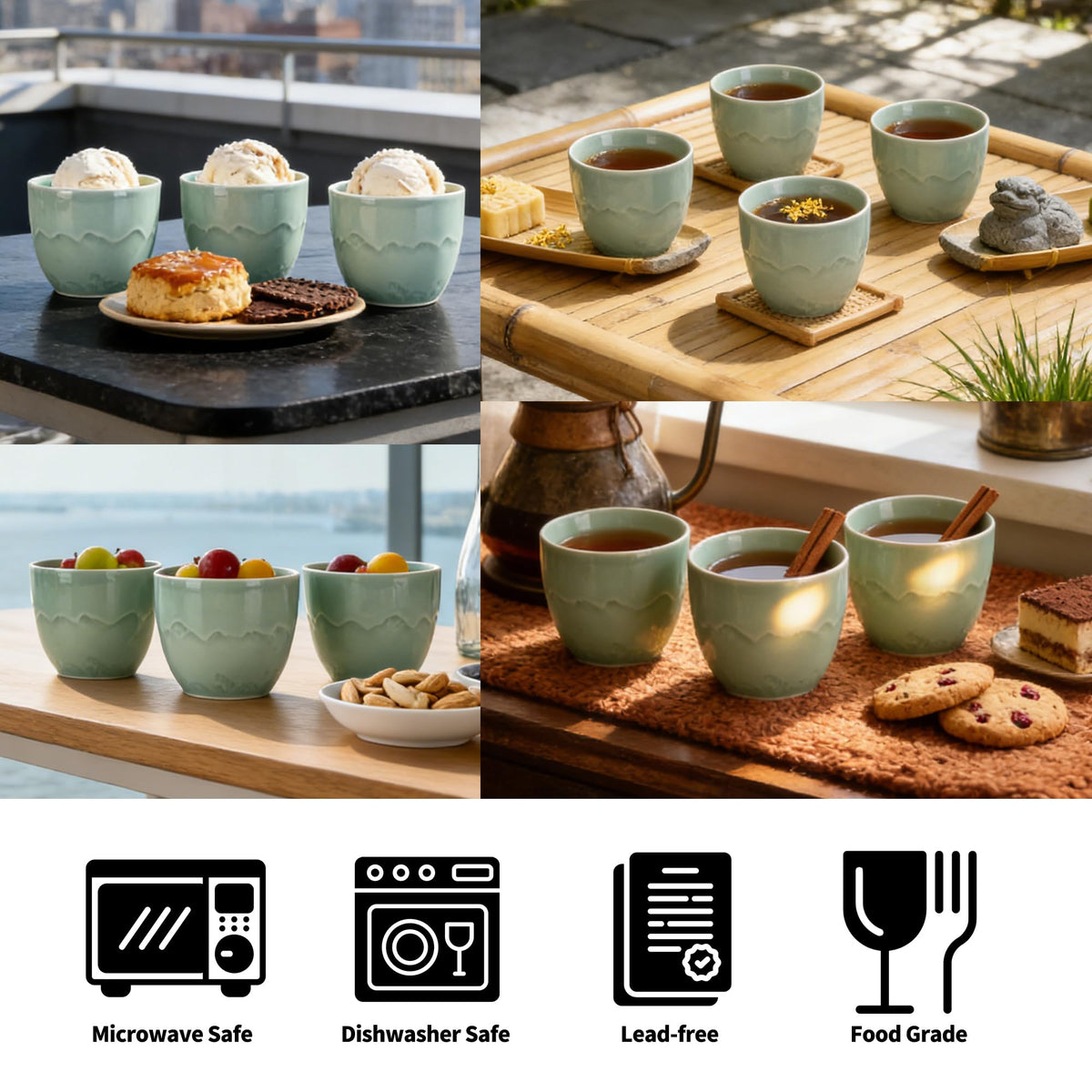 Ceramic Japanese Tea Cups Set of 4pcs (Celedon Blue / 5.4 fl oz (4-Count))