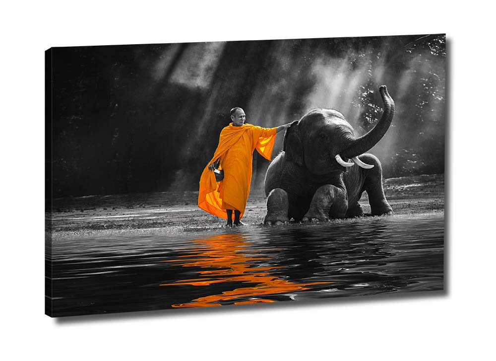 Black and White Wall Art Buddha Decor Zen Canvas Painting 24x36inch (Thai monk NO9-1P / 36"L x 24"W)