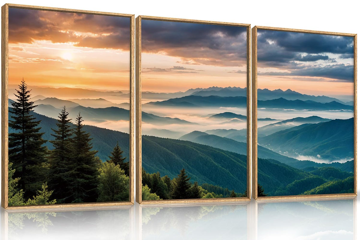 Large Nature Mountain Sunrise Framed Canvas Wall Art (Boho Forest Mountain Wall Art / 24"x36"x3)