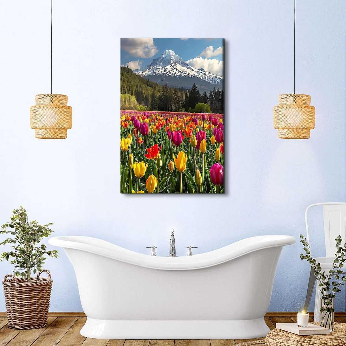 Yellow Flowers Wall Art Mountain Wall Decor for Living Room Tulips Floral Field Scenic Pictures Snowy Mountain Landscape Canvas Prints Floral Nature Forest Paintings Artwork Home Decoration 32x48" (48"L x 32"W / YellowTulips)