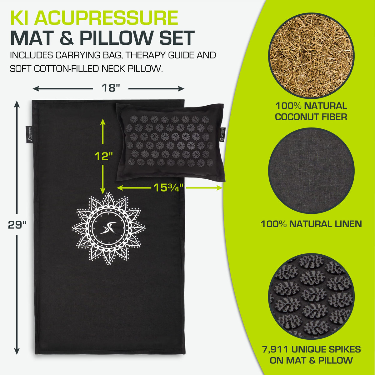 Fit Ki Acupressure Mat and Pillow Set with 100% Natural Linen for Back (Black Pearl)