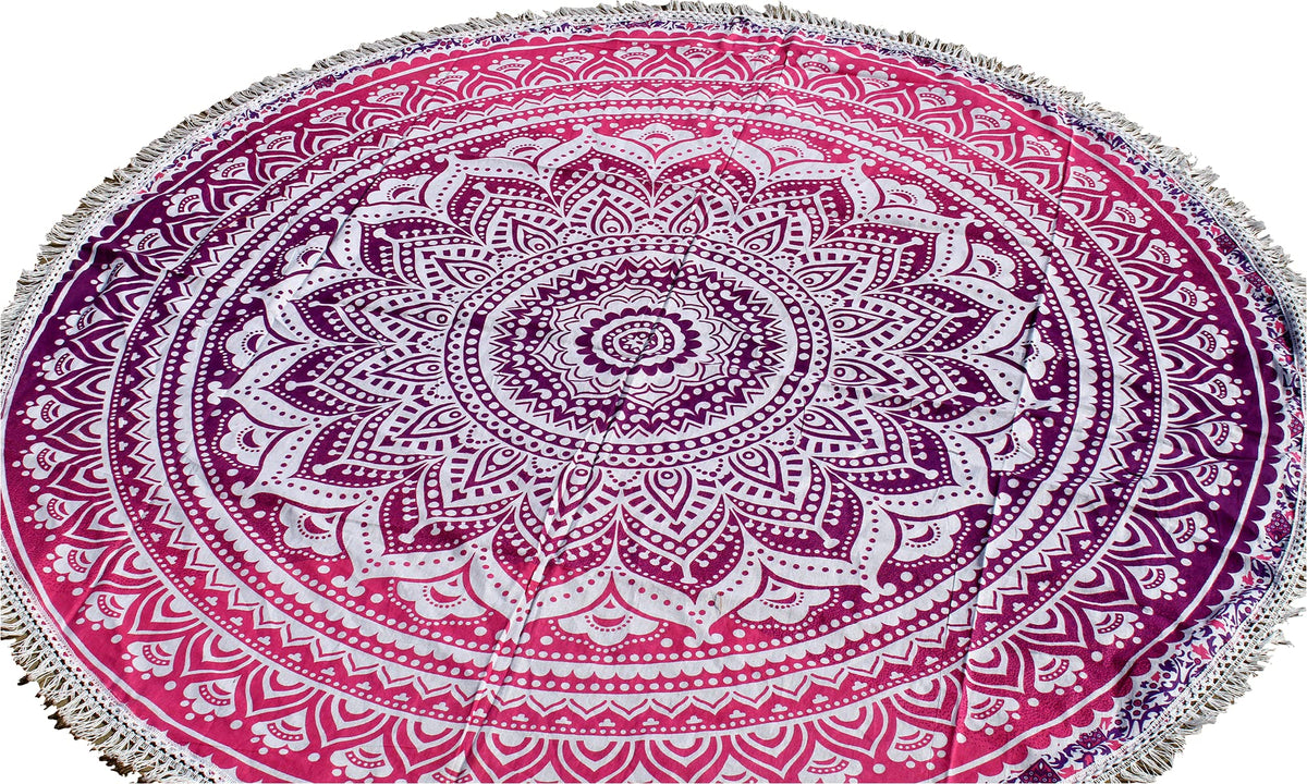 Round Beach Tapestry Turquoise Mandala Throw (5'10" (Round) / Pink and White)