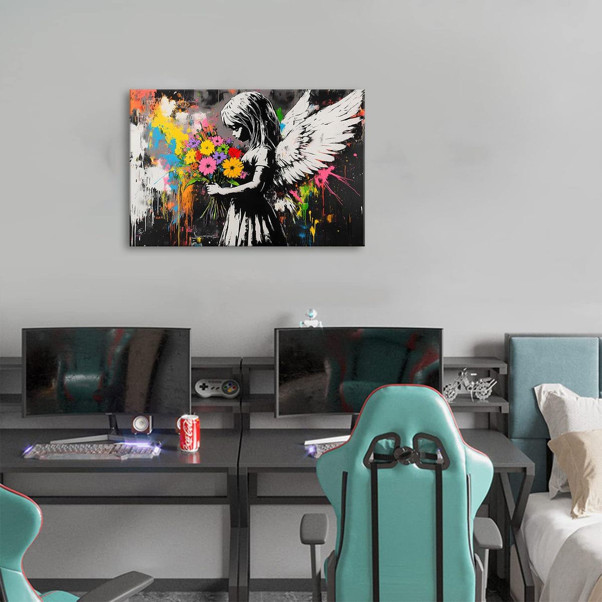 Abstract Graffiti Banksy Canvas Wall Art Banksy Angel Girls Decor Colorful Street Prints Picture Painting for Living Room Bedroom Pop Art Poster Modern Aesthetic Artwork Home Decoration 20x30” (30"L x 20"W / BANKSY)