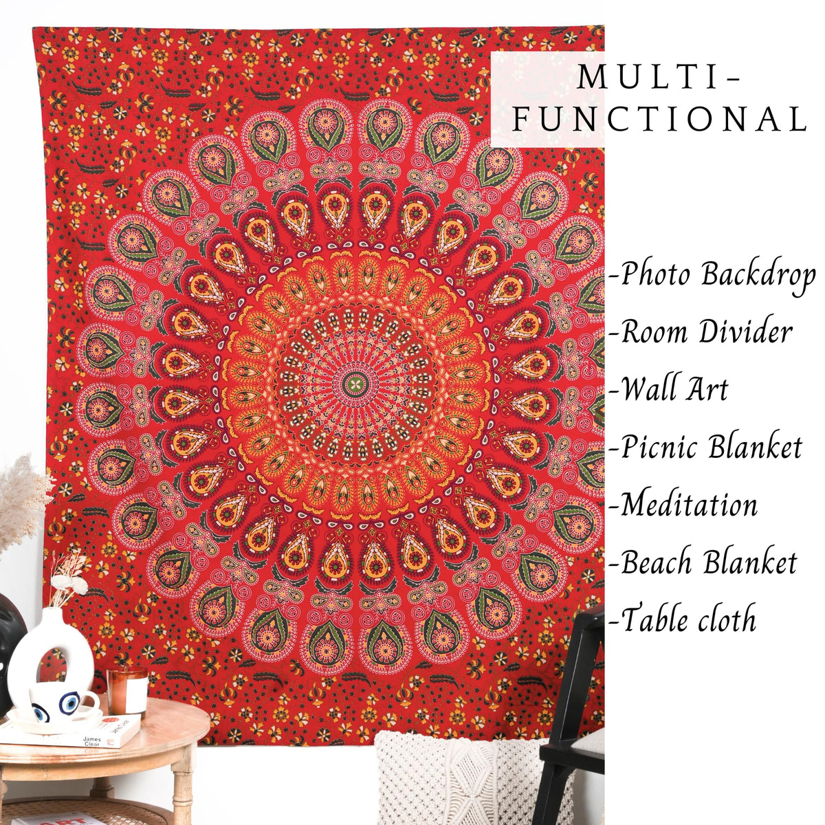 Mandala Wall Hanging Tapestry for Bedroom and Living Room Decor with Peacock Pattern Indian Boho Bohemian Small Tapestries Golden Red 60x50 Inches (Golden Red / 60"L x 50"W)