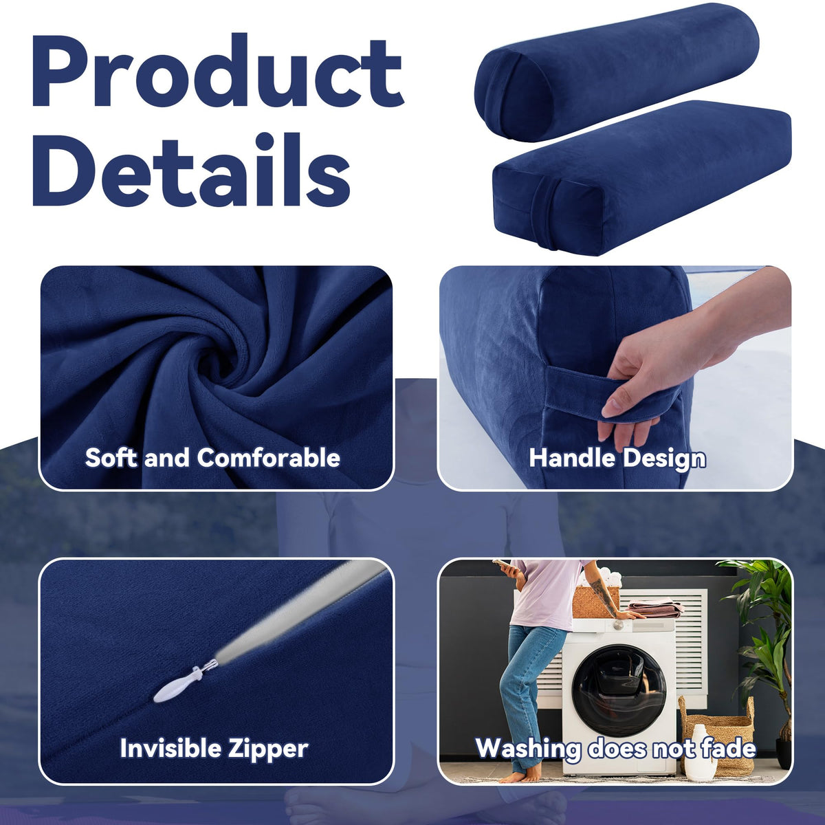 2 Pcs Yoga Bolster Pillow for Restorative Yoga (Dark Blue)