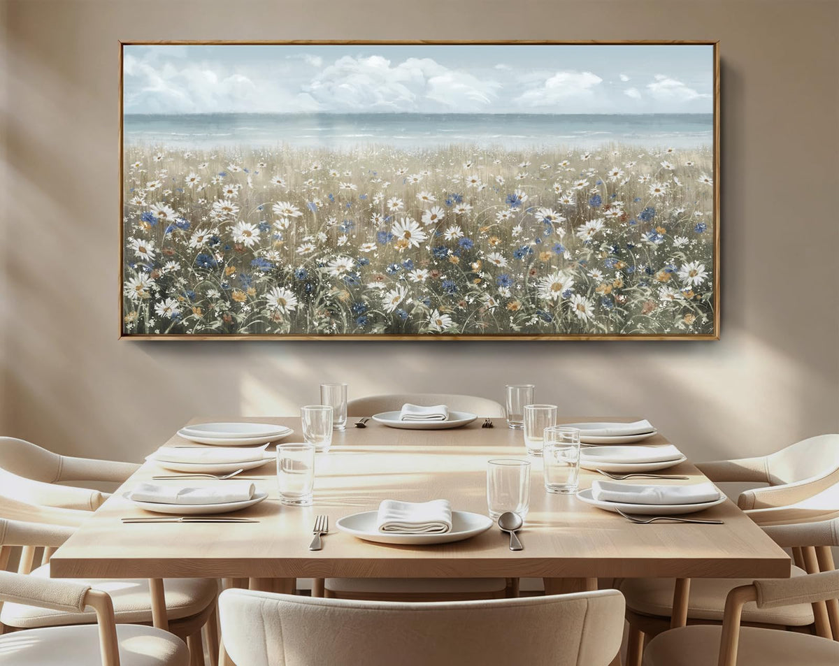 Large Wall Art for Living Room Framed Boho Beach Coastal Floral Ocean Wall Picture Farmhouse Daisy Flower Sea Canvas Print Nautical Neutral Vintage Warm Artwork Home Bedroom Office Decor 48x24 (Coastal Flower Sea Art / 48"L x 24"W)