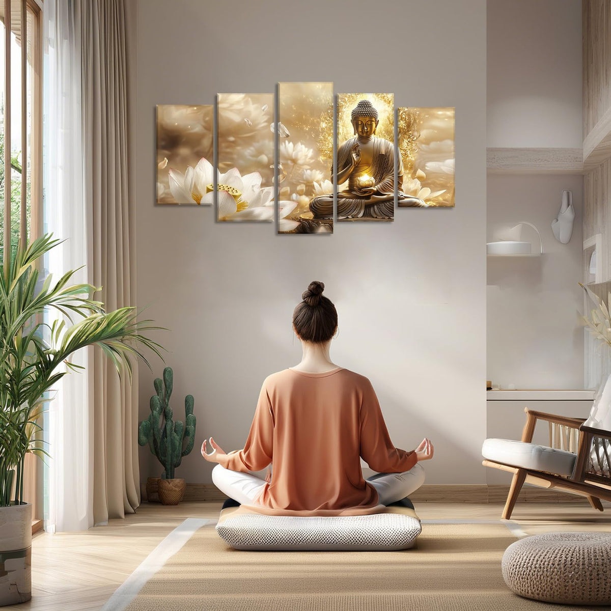 Gold Buddha Canvas Wall Art 5 Piece Zen Wall Decor Buddhism Meditation Picture Lotus Prints for Spiritual Room Living Room Home Decor Framed (40x22 inch / Picture-3)