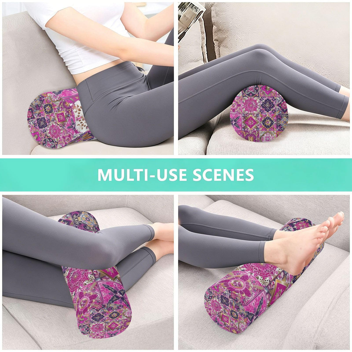 Neck Roll Pillow Bolster Pillows Round Health Memory Foam Long Cervical Cylinder Body Removable Washable Cover Bed Legs Back Yoga Pink Boho Tiles (Paisley 18)
