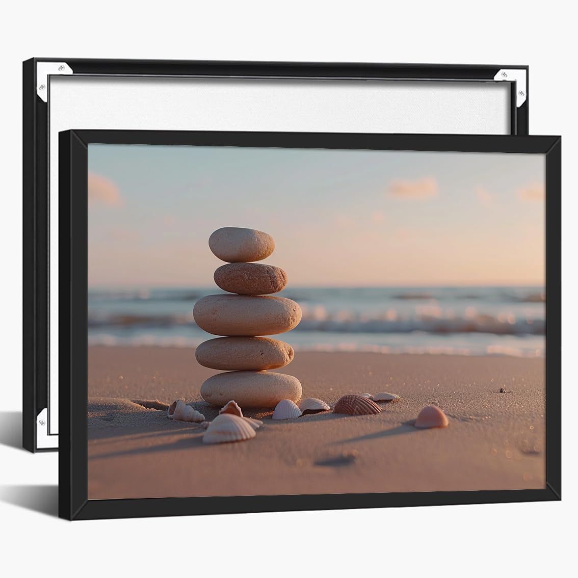 Zen Beach Stones and Shells Wall Art (Black Aluminum Frame-5 / 20"L x 30"W)