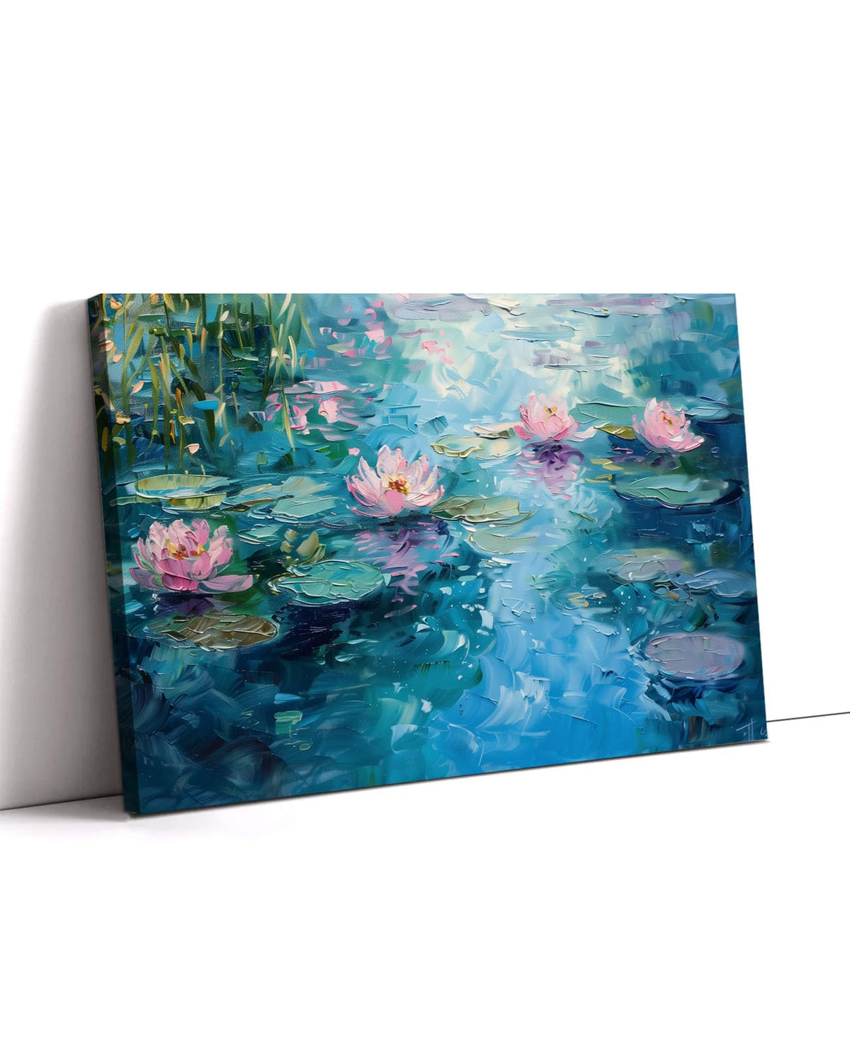Lotus Wall Art Water Lilies Picture Canvas Prints Flowers Landscape Painting Vintage Floral Artwork for Living Room Bathroom Home Decor Framed (24"L x 16"W / Blue)