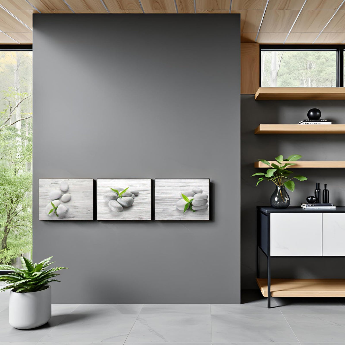 Zen Wall Art SPA Stone Pictures Prints Green Bamboo Bathroom Wall Decor Each Panel 12x16inch (Small)
