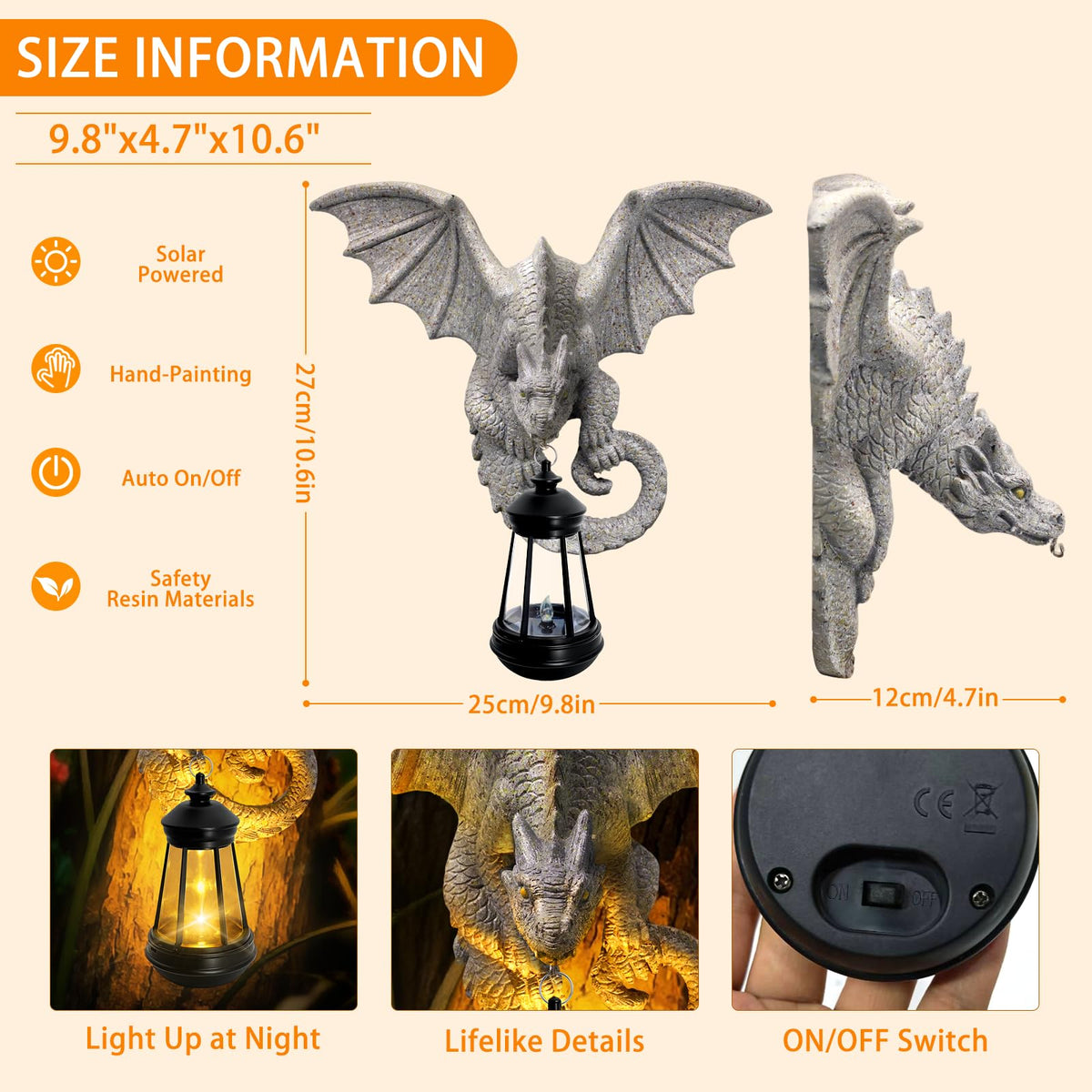 Solar Dragon Tree Hugger Garden Statue (Stone Grey - Dragon with Lantern)