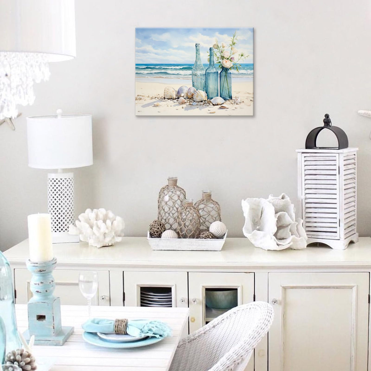 Seashell Bottle Beach Pictures Modern Seascape Canvas Prints Seaview Landscape Artwork for Home Office Living Room Bedroom Bathroom Framed Ready to Hang 12x16 Inches (16"L x 12"W / Bottle)