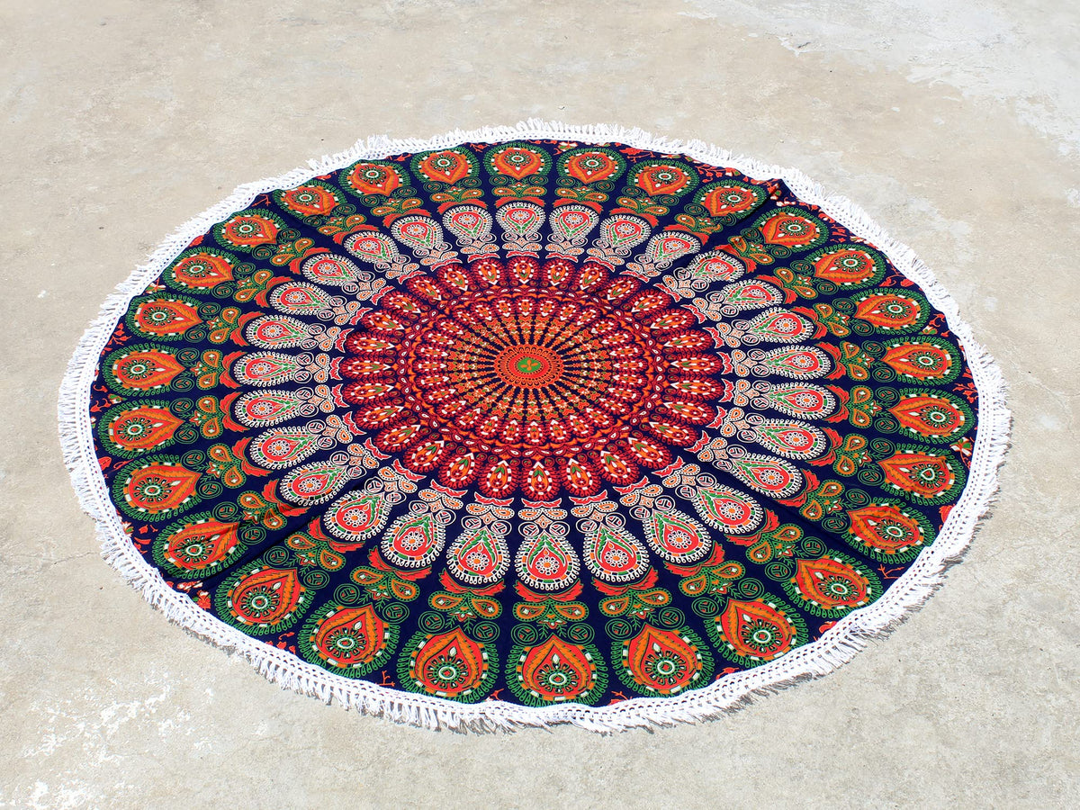 Round Beach Tapestry Turquoise Mandala Throw (5'10" (Round) / Orange and Green)