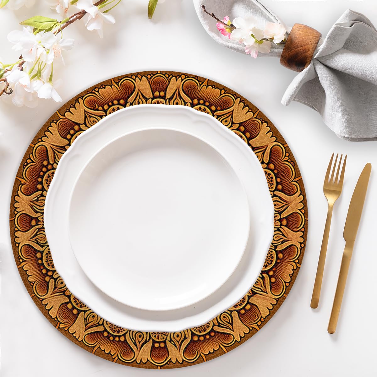Mandala Woven Placemats Round Placemats Set of 4 Festival Party (A 011 / 4 pieces)