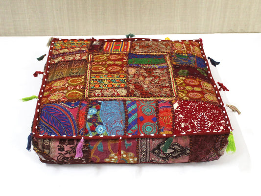 Indian Square Patchwork Traditional Pouf Cover Indian Living Room Poufs Decorative Embroidered Designer Ottoman Home Living Footstool Chair Cover Decor Pillow Cover 18x18x5 inches (18"D x 18"W x 5"H / Brown)