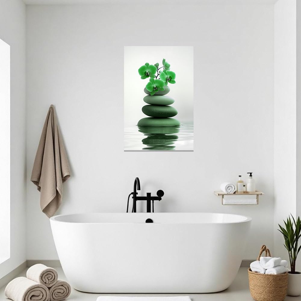 Zen Wall Art Stones Picture Orchid Canvas Painting Green Zen Water Prints Spa Bathroom Decor Meditation Yoga Room Office Home Framed (Green / 28" x 42")