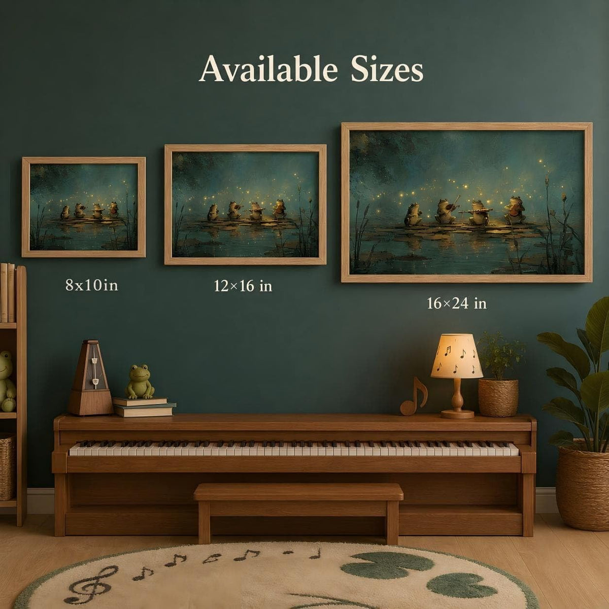 Frog Lily Pad Orchestra Framed Wall Art (Four frogs / 24"L x 16"W)
