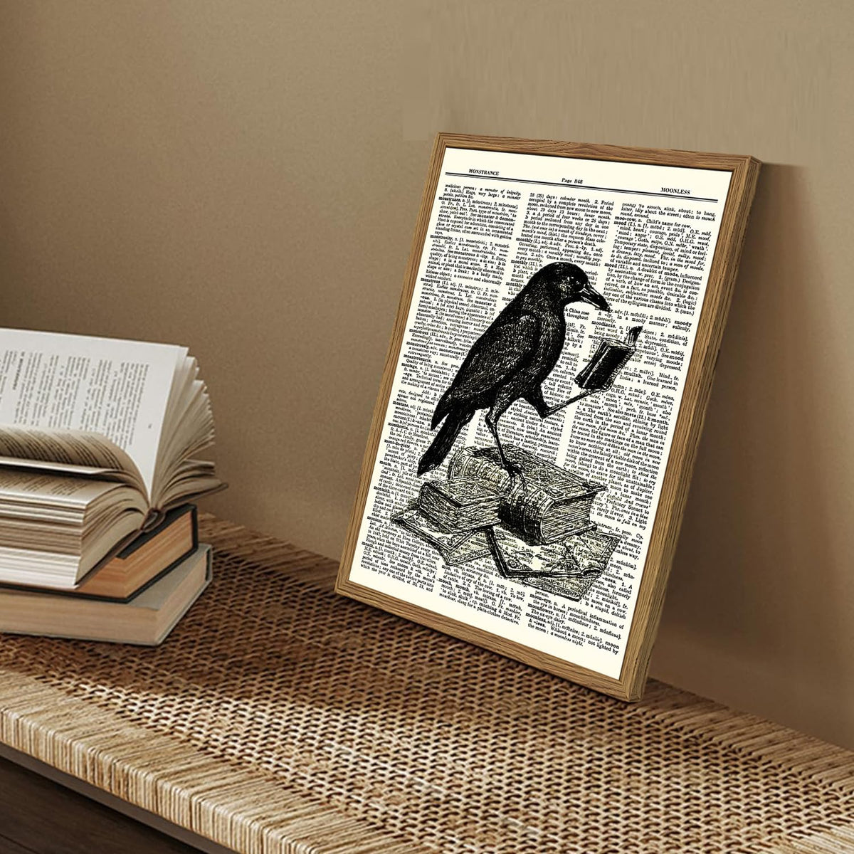 Funny Black Crow Reading Books Wall Art Vintage Raven Wall Decor Picture Dark Academia Animal Poster Canvas Print for Bedroom Living Room 16x24 inch Wood Framed (Animal -P / 24"L x 16"W)