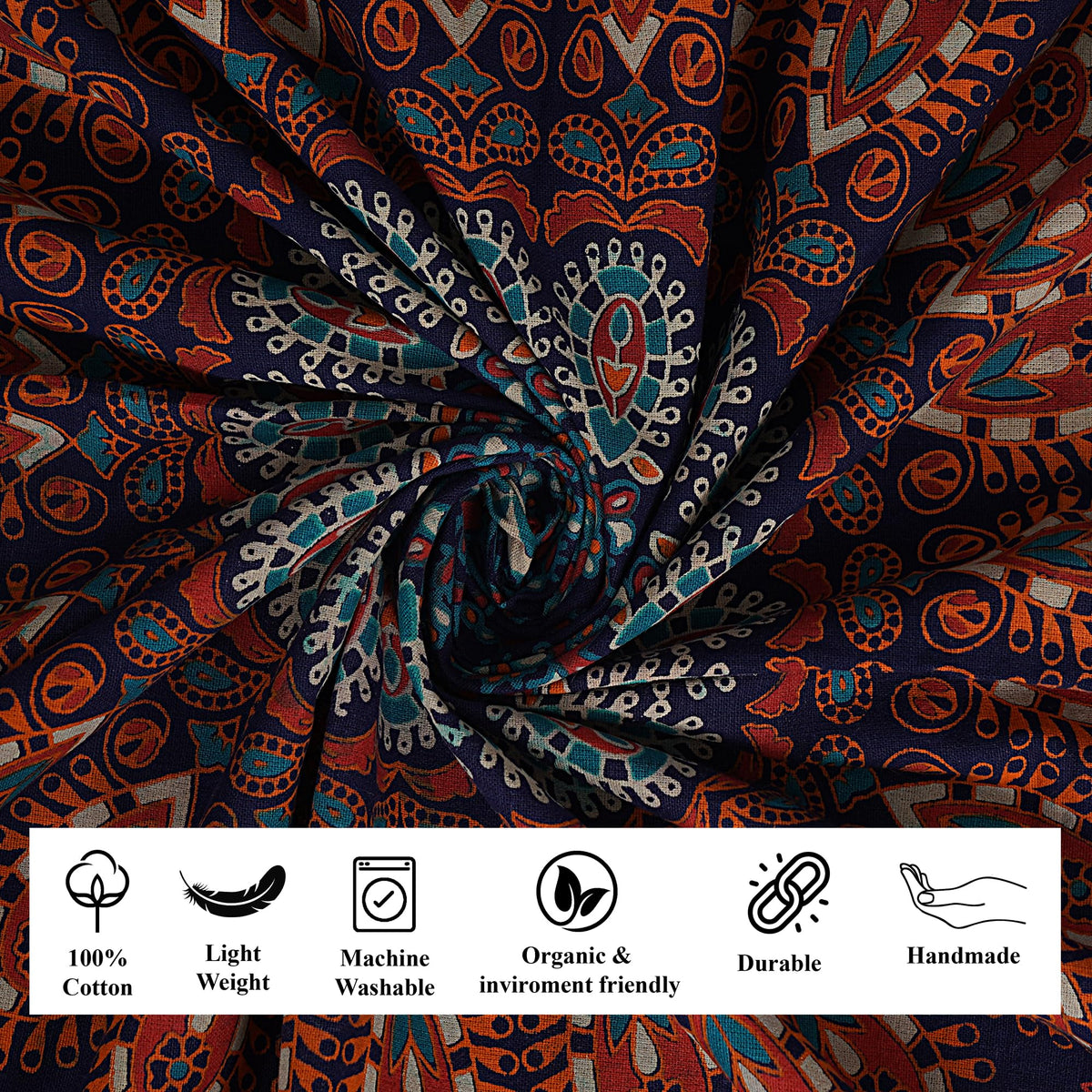 Handmade Cotton Peacock Mandala Tapestry (40"L x 30"W / Golden Blue)