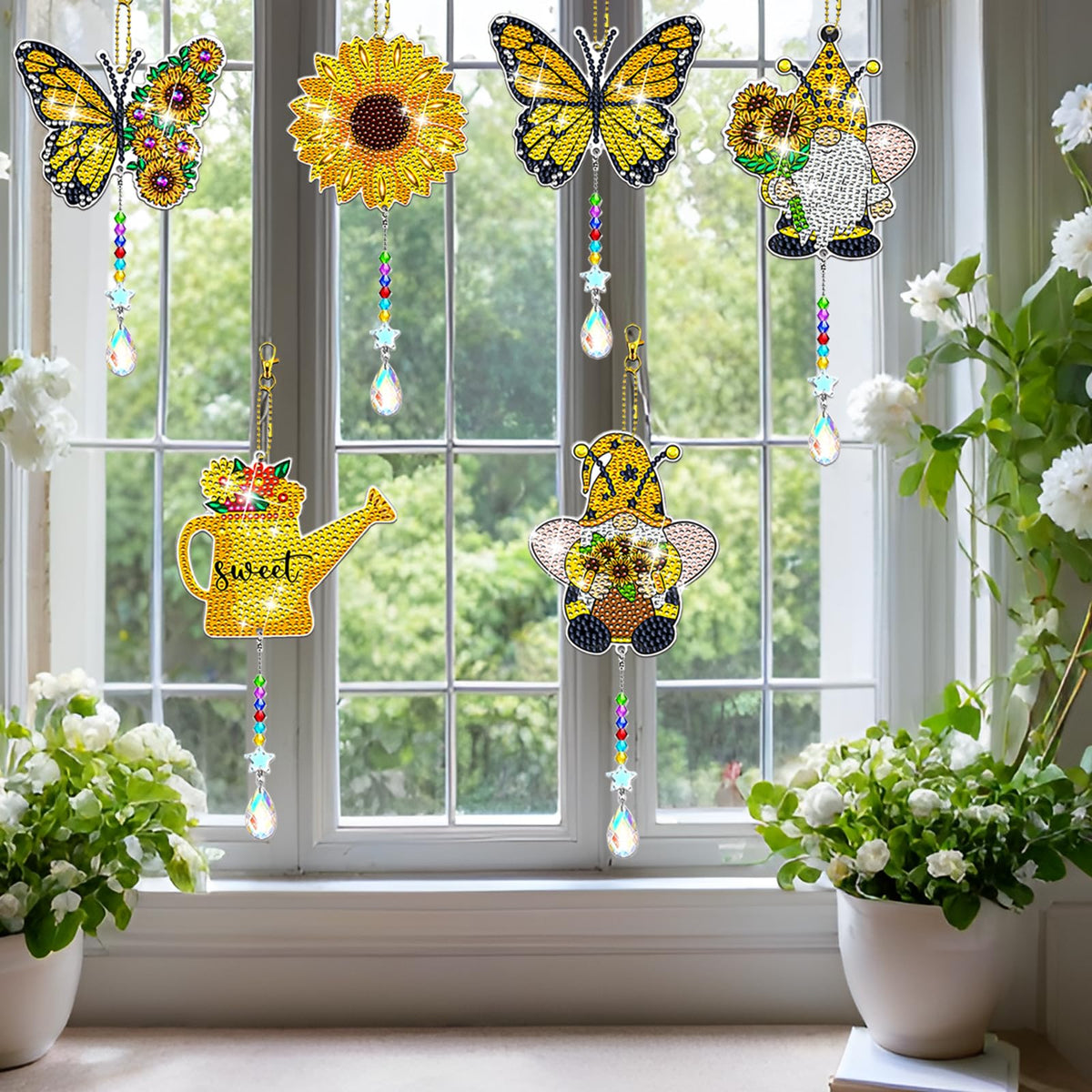 8 Pcs Gnomes Diamond Art Suncatchers Double Sided Diamond Painting Suncatcher Sunflower Diamond Painting Wind Chime Kits 5D DIY Diamond Art Kits for Adults Hanging Ornaments (A Sunflower Gnome)