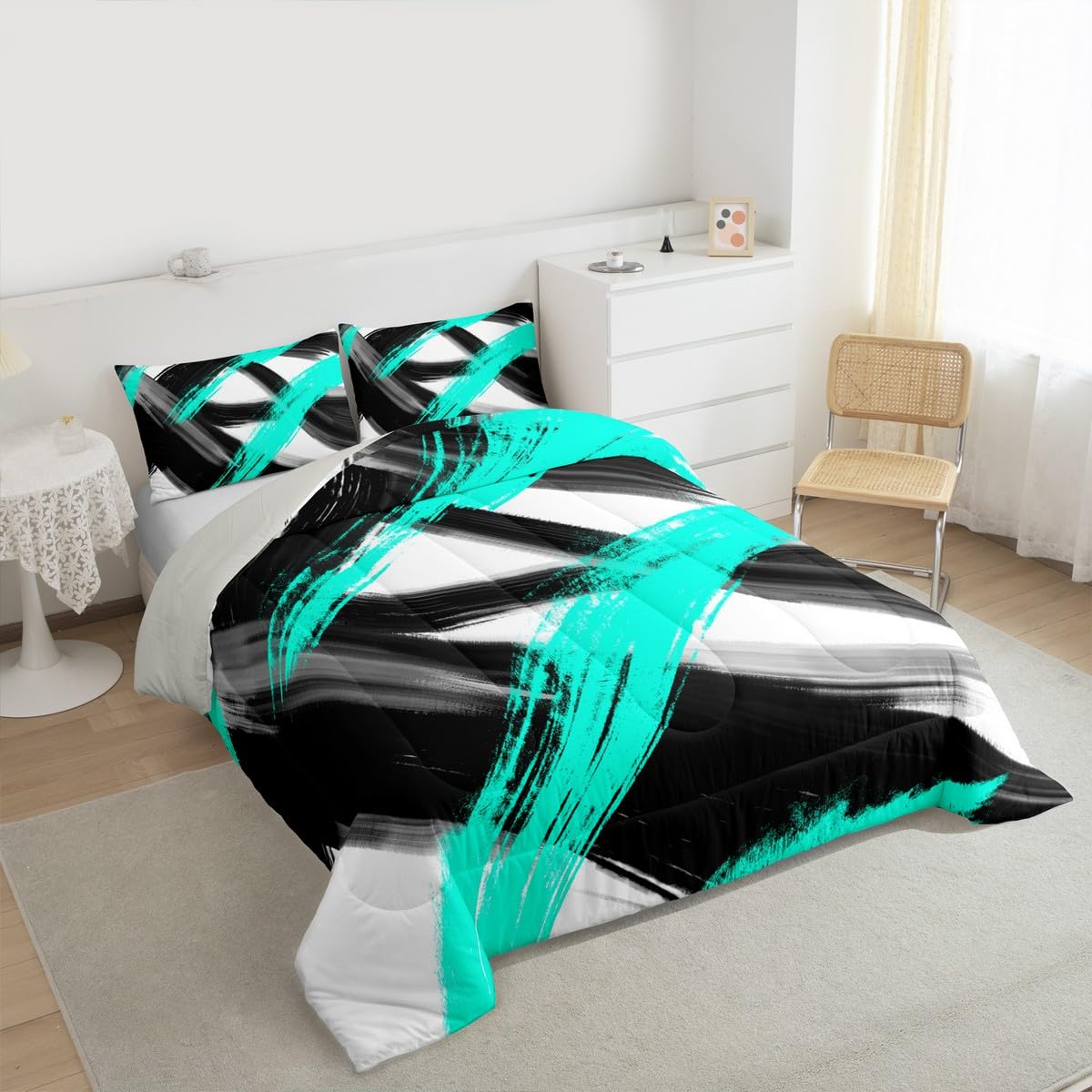 Black Teal Comforter Set Full Size Abstract Geometric Bedding Set for Boys Girls Modern Minimalist Duvet Quilt Room Decor Breathable Soft Microfiber All Season 3Pcs with 2 Pillow Cases (Multi 45687 / Full)