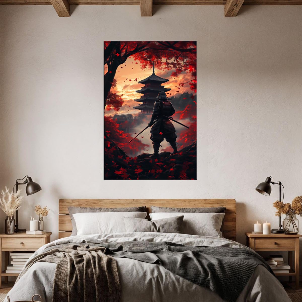 Sunset Maple Armored Samurai & Pagoda Canvas Wall Art (12"L x 16"W / Samurai12)