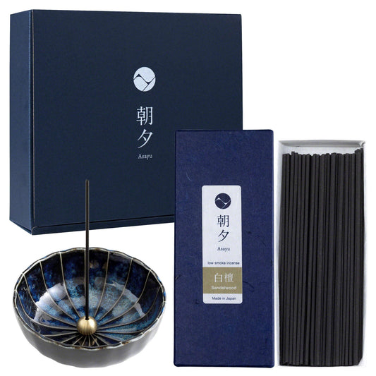 Gift Set Sandalwood Incense Sticks & Navy Blue Lotus Holder by Asayu Japan (Sandalwood + Navy Blue Lotus Holder)