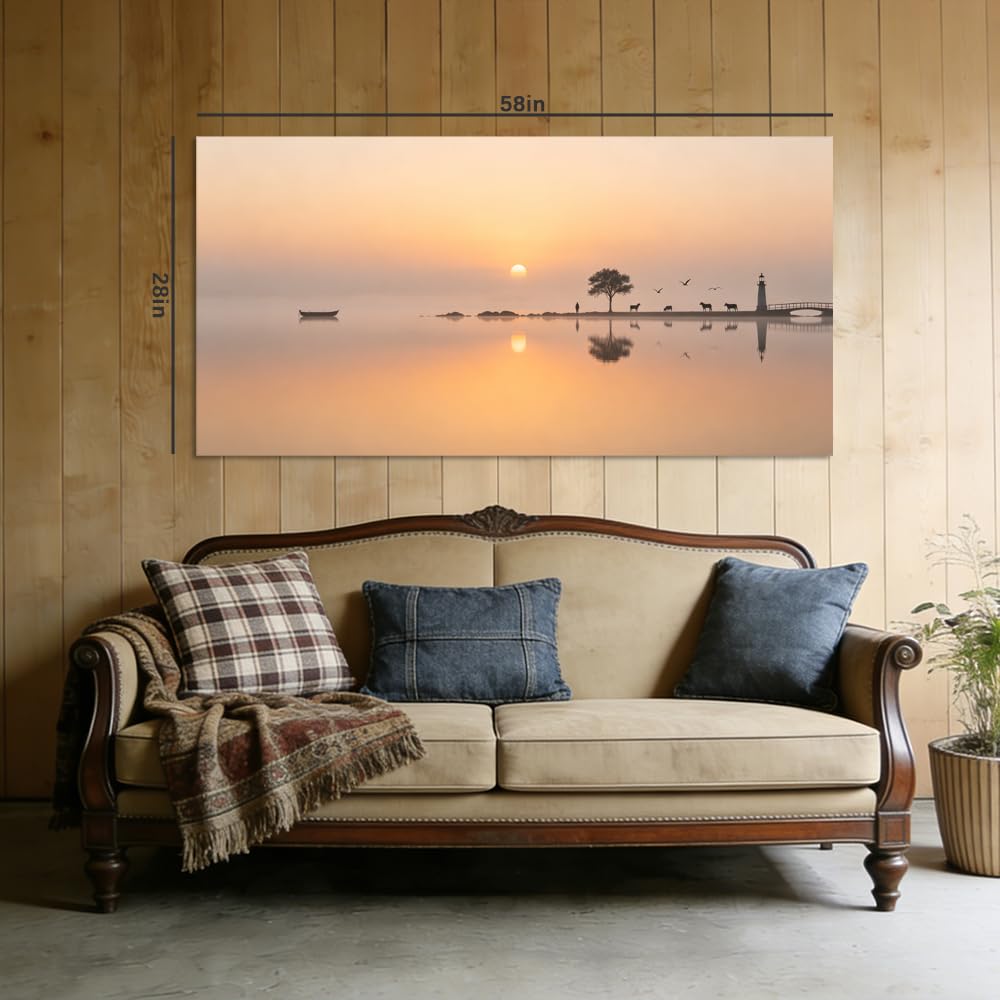 Sunset Beach Canvas Wall Art Silhouette Ocean Landscape Painting Flat Print Gallery Wrapped Coastal Artwork for Living Room Bedroom Bathroom Decor (Mysterious / White Lighthouse Tree 17 / 46"L x 23"W)