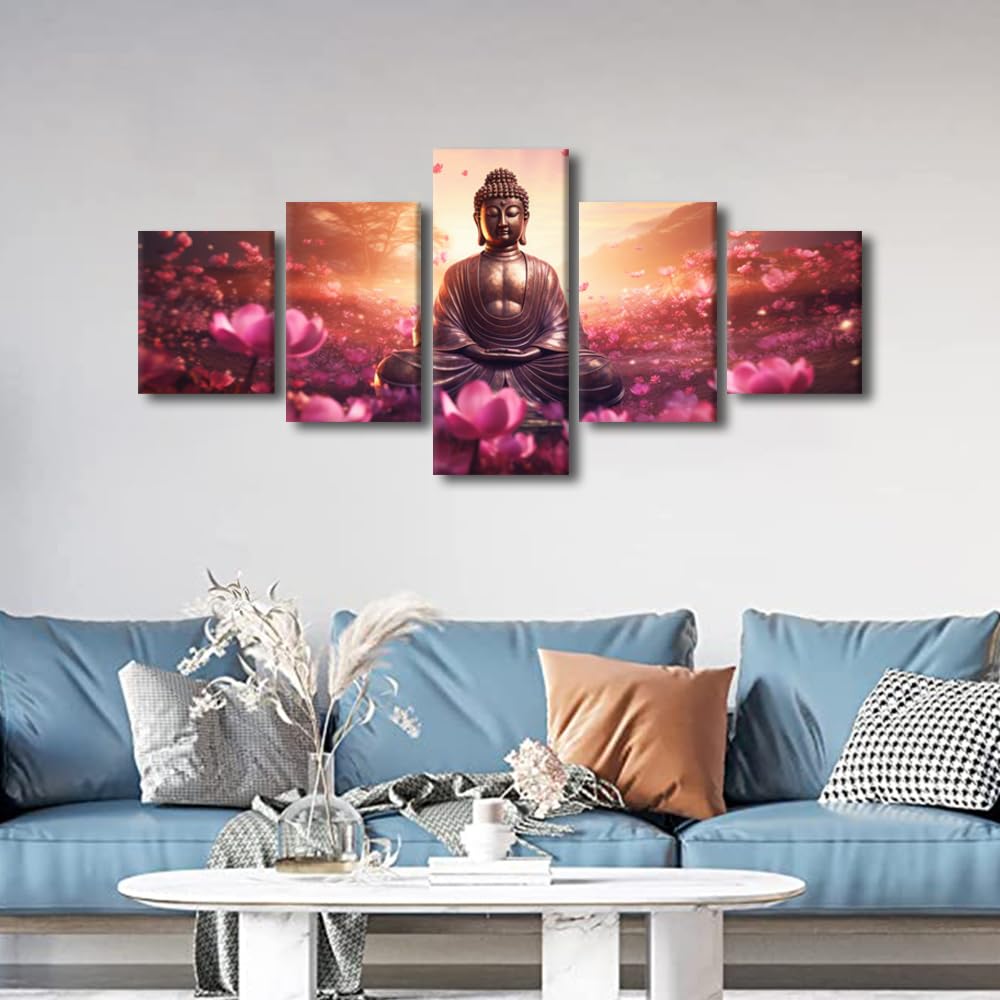 Canvas Wall Art for Home Buddha Sculpture Poster Decor Buddha Statue Surrounded By Flowers Picture Modern 5 Panel Office Wall Art for Bedroom Wall Decor Stretched and Framed Ready to Hang 50x24 in (50x24 in / 5PANEL-18)