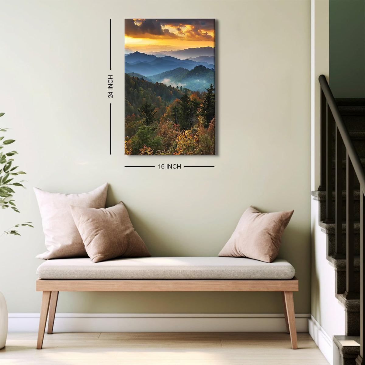 Great Smoky Mountains Wall Art National Park Picture Landscape Canvas Decor Sunset Forest Painting Vintage Mountain Landscape Artwork Framed for Living Room Bathroom Office Home Decoration 16x24” (16"L x 24"W / ZRSJ05)
