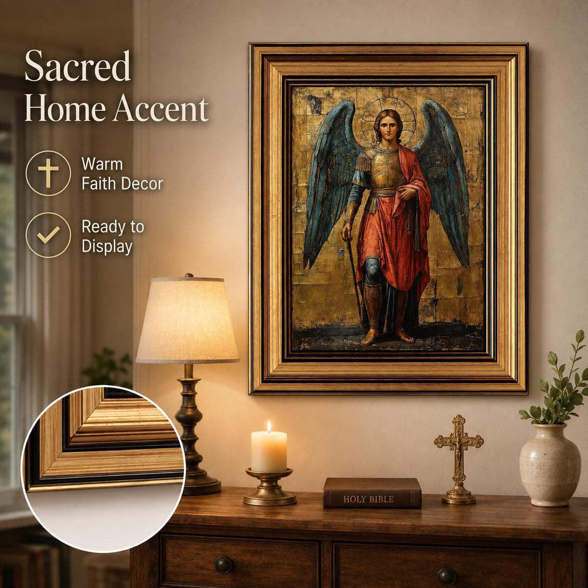 Gold Framed Archangel Michael Canvas Wall Art 16inx24in (Archangel A / 24"L x 16"W)