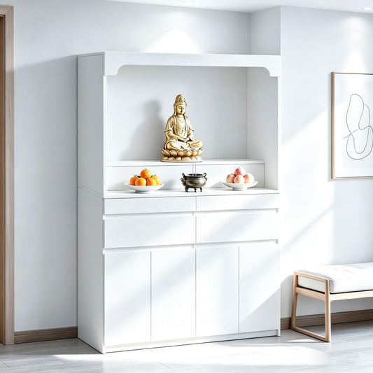 Altar Table Pooja Cabinet with Drawers and Storage Cabinets (51.2×15.7×65.4in / White)