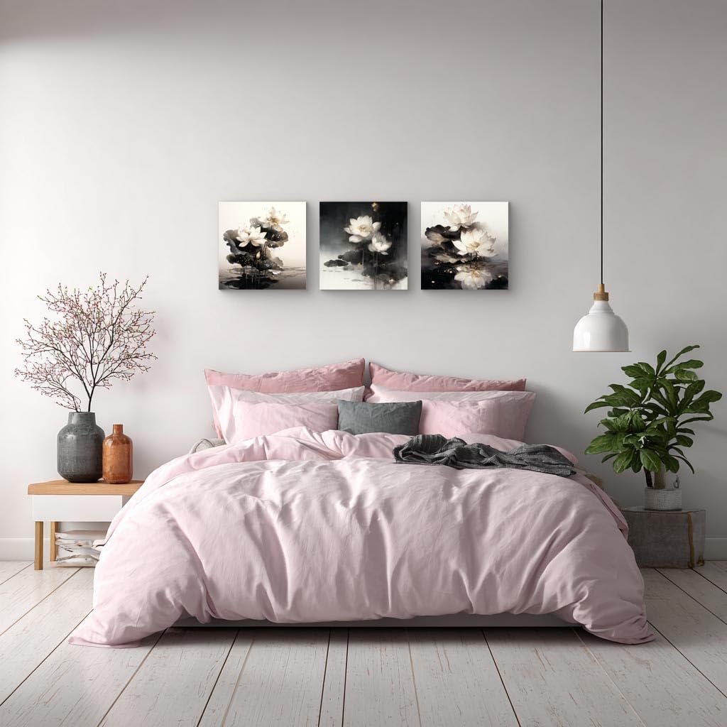 3Pcs White Lotus Flowers Canvas Wall Art Gold Leaf Ink Wash Zen Botanical Prints Modern Minimalist Floral Prints for Bedroom Bathroom Living Room Decor Nature Artwork Ready to Hang (White Lotus with Golden Accents-1 / 14x14inchx3)