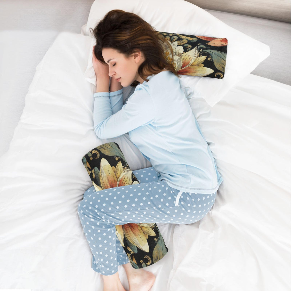 Boho Water Lily Flower Black Neck Roll Pillow Bolster Round Health Memory Foam Long Cervical Cylinder Pillows with Removable Washable Cover for Body Bed Legs Back Yoga (Boho Water Lily Flower Black)