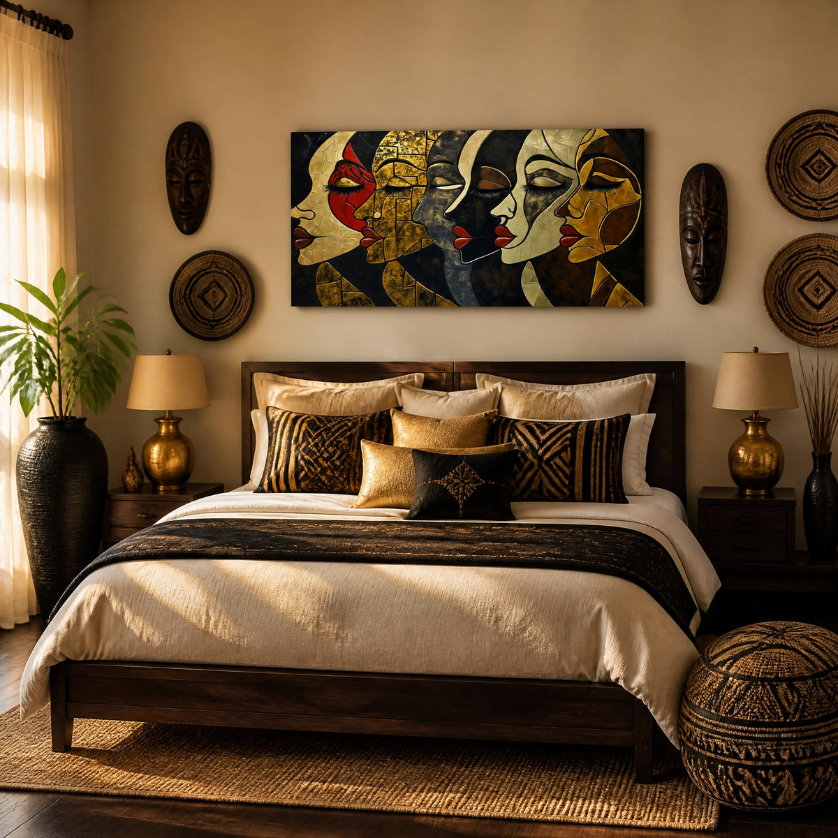 Abstract African Women Faces Canvas Wall Art Modern Tribal Portrait Painting Print Gold Black Red Geometric Artwork for Living Room Bedroom Bathroom Decor (Mysterious / Black Face Series 13 / 40"L x 20"W)