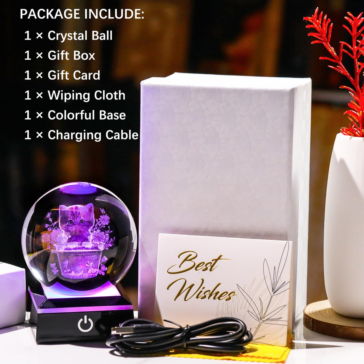 3D Crystal Flowerpot Cat Ball Figurines with Colorful LED Base Cat Lover Gifts for Women Men Cats Collectibles Home Decor (Flower Cat)