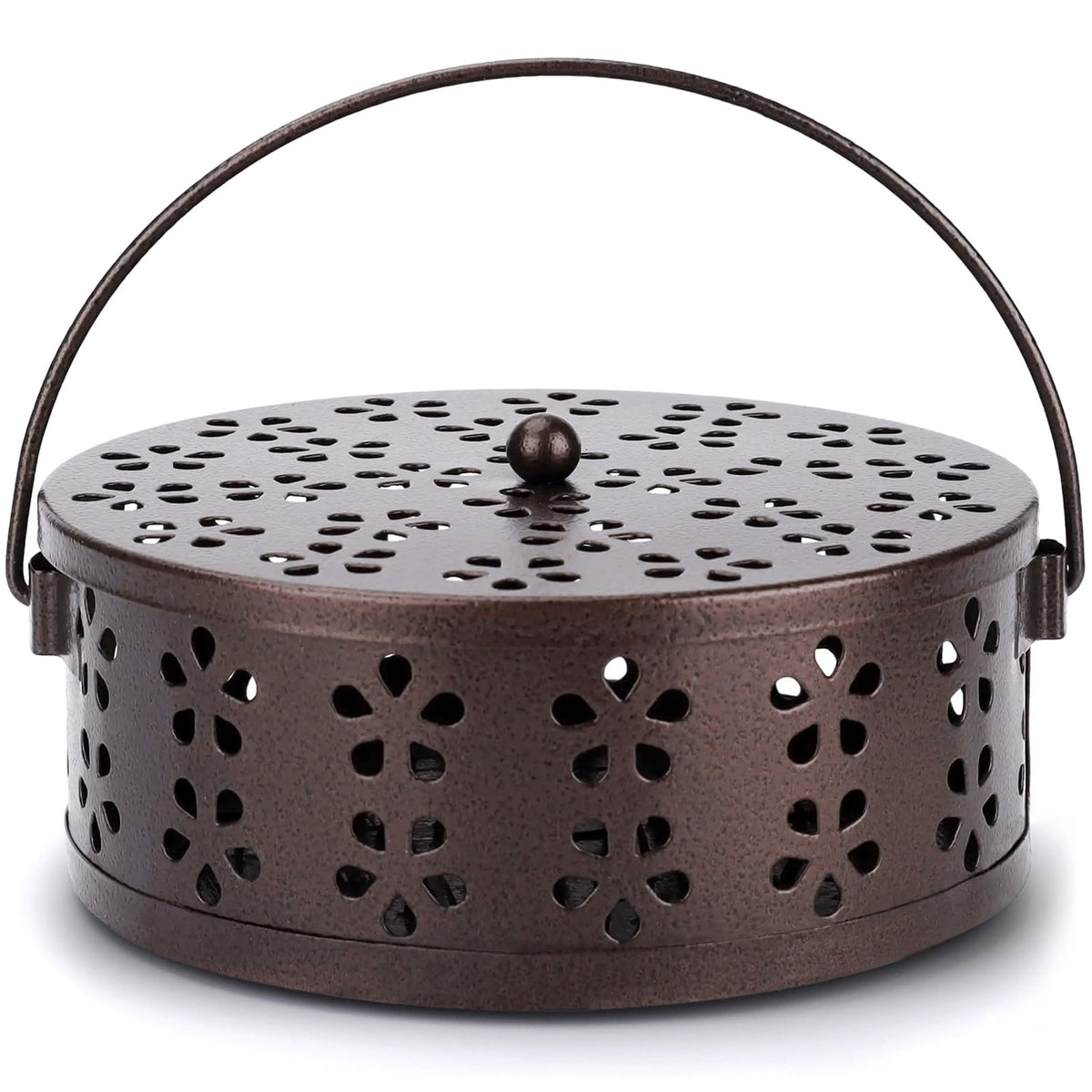 Portable Mosquito Coil Holder with Lid and Handle Round Heat (Bronze)
