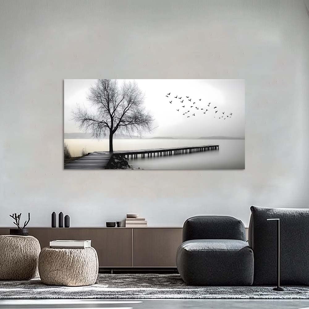 Black and White Lake Pier Canvas Wall Art Bare Tree Flying Birds Minimalist Landscape Painting Flat Print Gallery Wrapped Artwork for Living Room Bedroom Bathroom Decor (Mysterious / Black Lake Pier 6 / 58"L x 28"W)