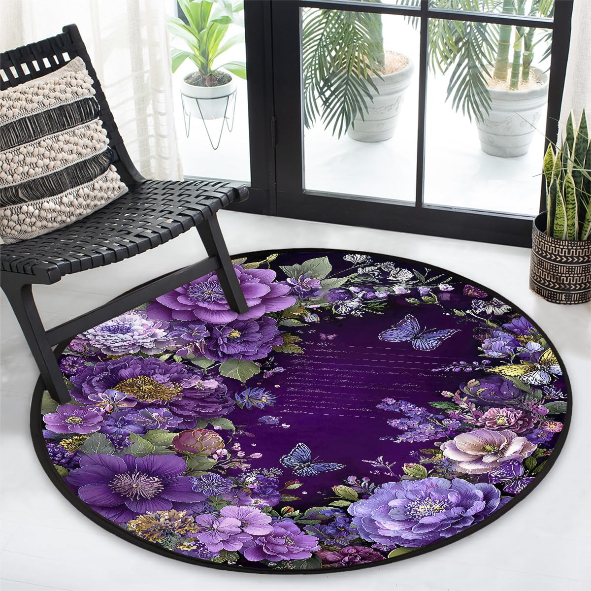 3 Ft Purple Flowers Round Rug Circle Area Rugs Circular Door Mat for Indoor (Color33 / 3' (Round))