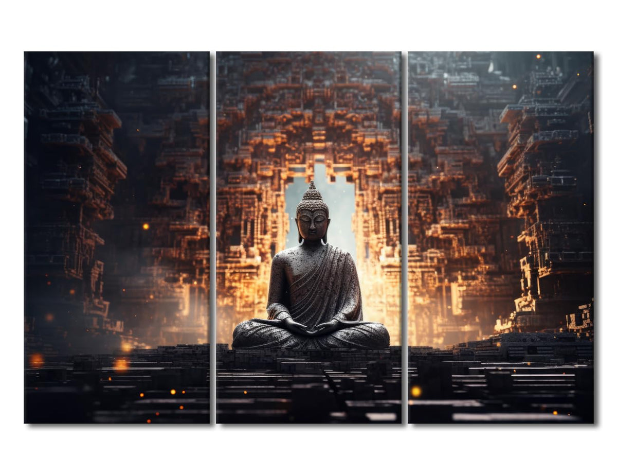 Canvas Wall Art Buddha Canvas Poster Decor Mysterious Ancient Buddha Zen Picture 3 Panel Modern Wall Art Buddhist Believers Living Room Decoration Stretched and Framed Ready to Hang 42x28 in (42x28 in / 3PANEL-10)