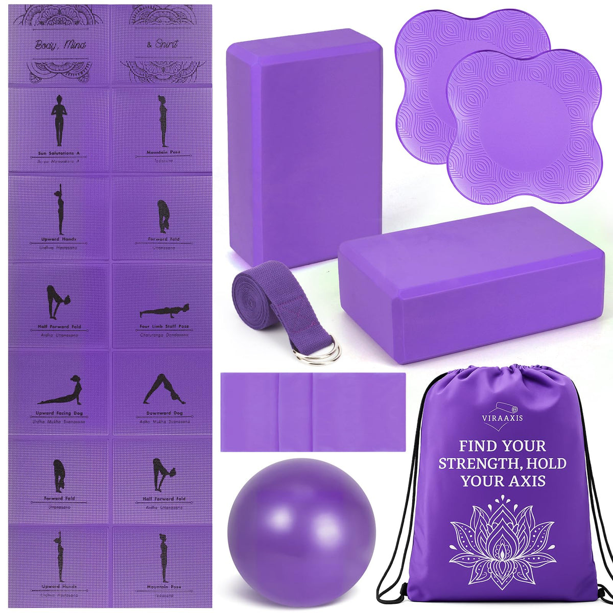 Foldable Non Slip Yoga Mat and Blocks Set for Women (Purple)