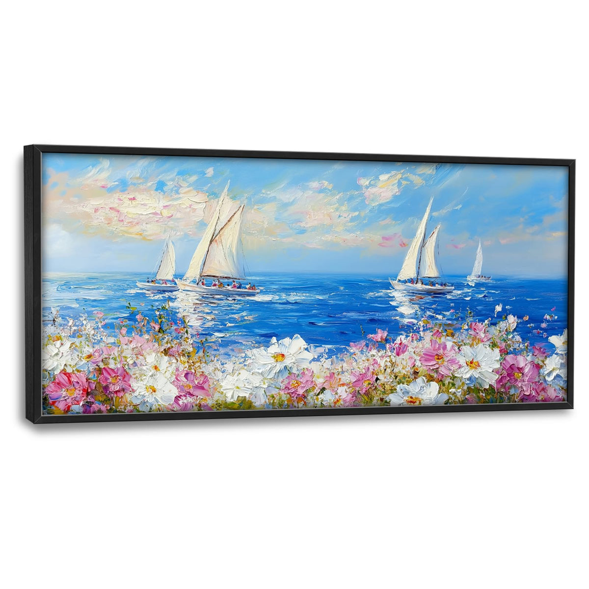 Coastal Sailboat Large Wall Art Ocean Seascape Framed Wall Decor Blossoms Canvas Pictures Nautical Painting for Living Room Dining Room Bedroom 30"x60" (Coastal Sailboat Floral / 60"L x 30"W)