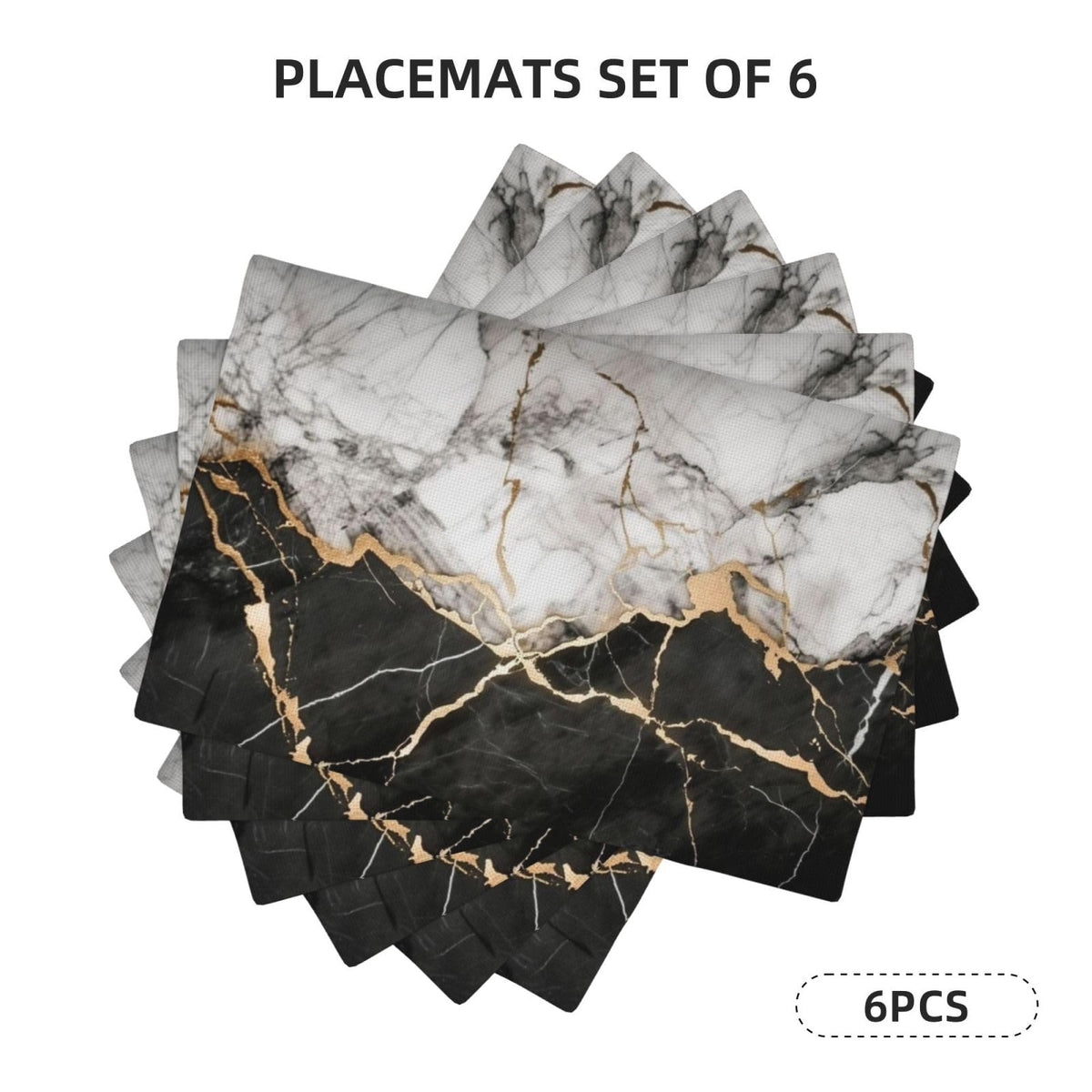 Black White Gold Marble Place Mat Set of 6 Pieces Heat (6PCS / Black White Gold Marble)