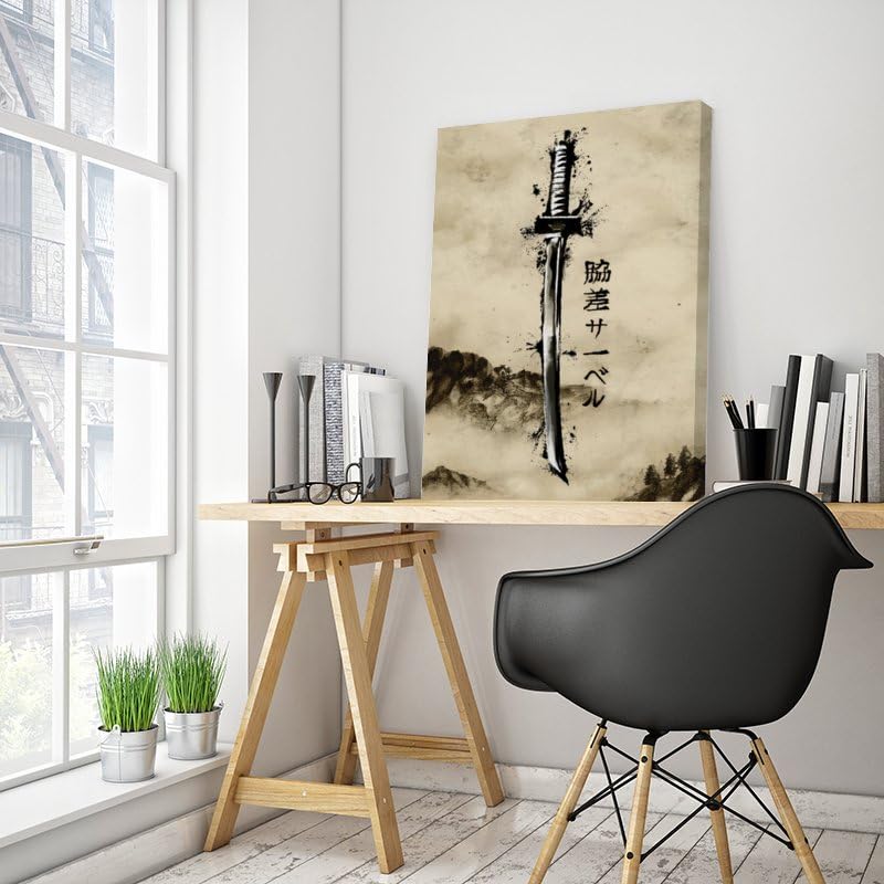 Japanese Culture Decor Wall Art Retro Samurai Armored Samurai Painting Anime Posters Canvas Pictures Office Vintage Asian Modern Living Room Bedroom Artwork Framed Ready to Hang 24"X36" (36"L x 24"W / Frame-1)