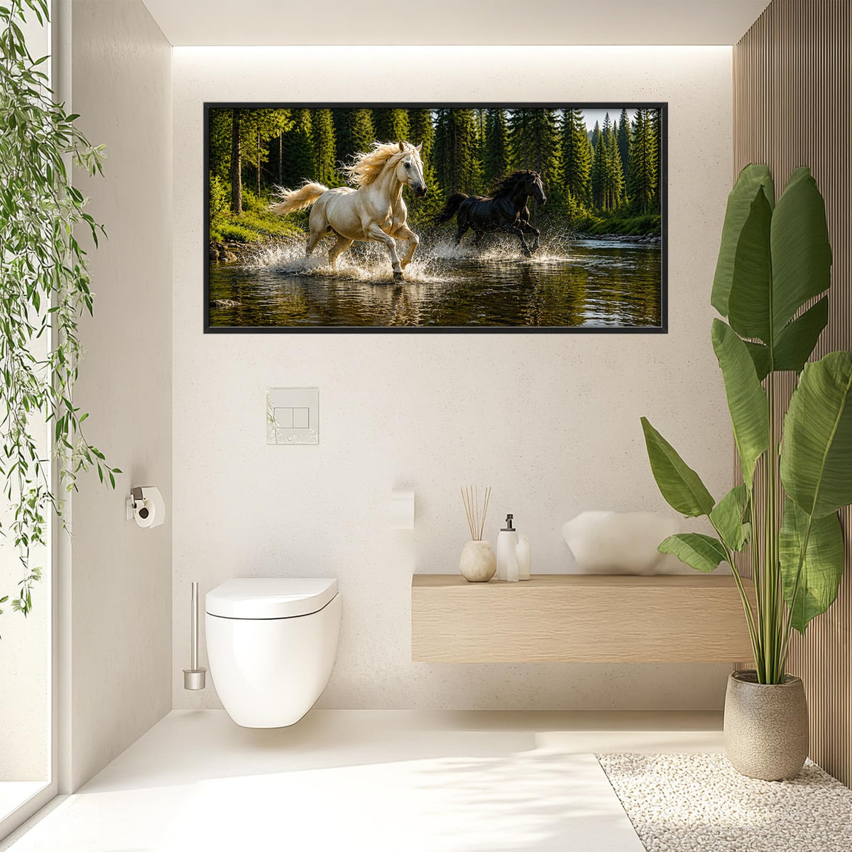 Large Framed Running Horses Wall Art Print Forest Decor 60"x30" (2 Horses / 60"L x 30"W)